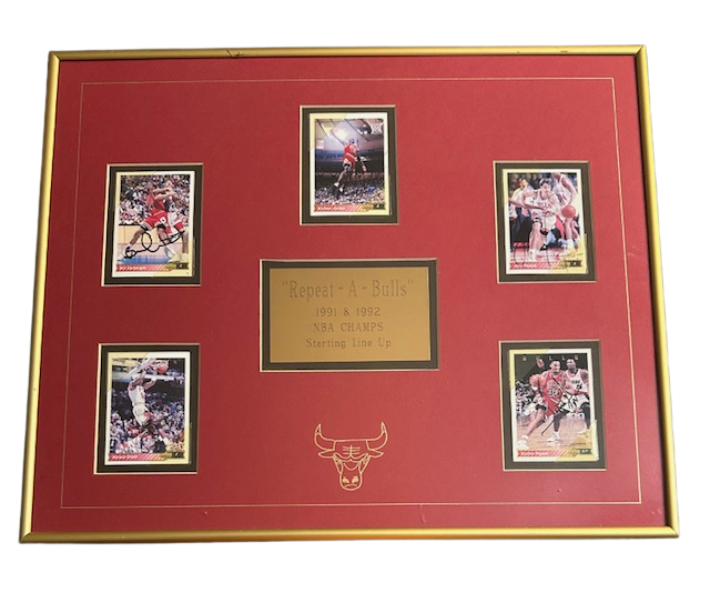 FEATURED WALL DISPLAY: Chicago Bulls Framed Trading Card Display with signatures from Jordan, Pippen, Grant, Paxon, Cartwright