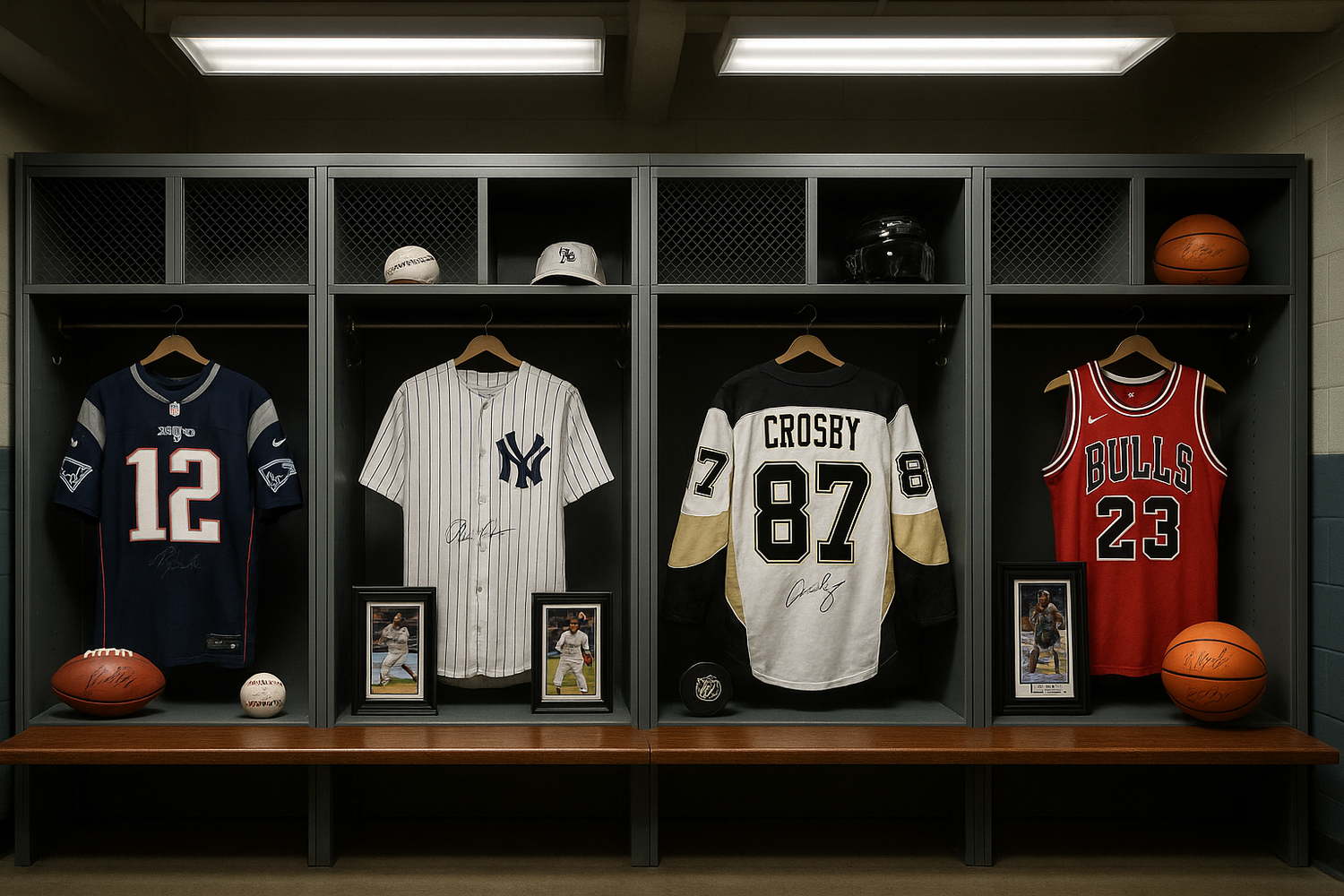 locker room displaying autographed sports memorabilia
